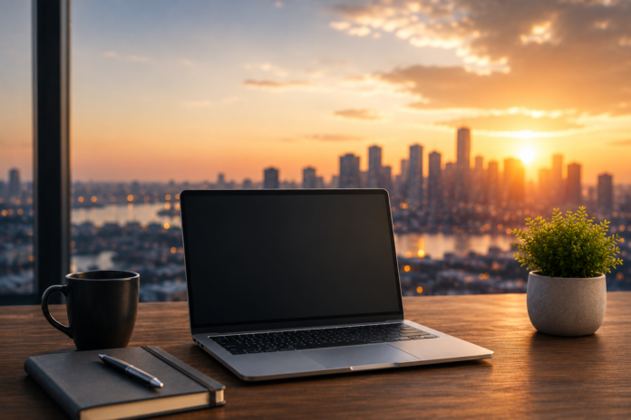 Espacio de trabajo moderno con laptop frente a una vista urbana al atardecer, representando la construcción de una imagen pública y presencia digital en internet.