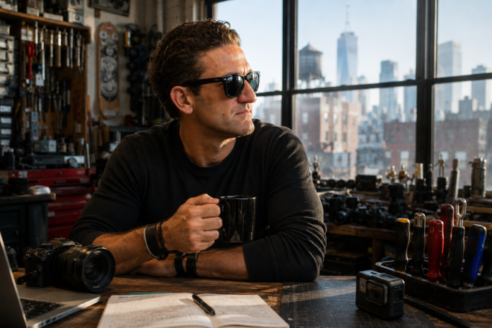 Casey Neistat trabajando en su estudio creativo, rodeado de cámaras, herramientas y material de producción, con el skyline de Nueva York al fondo.